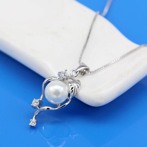 

chains elegant women zircon pearl necklaces 100% 925 sterling silver flower pendant choker chain18 inch charm jewelry gift