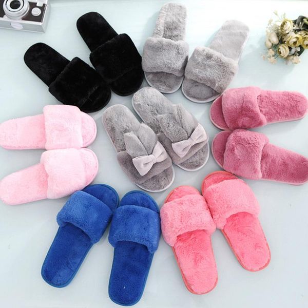 

candy color open toe fur slides ladies winter indoor femme pantoufles comfy creepers hair furry slippers plus size 36-41, Black