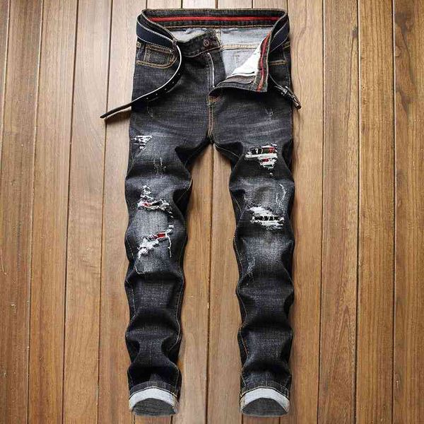 

men's ripped jeans, stretch loose wash large straight jeans 5ptv, Blue