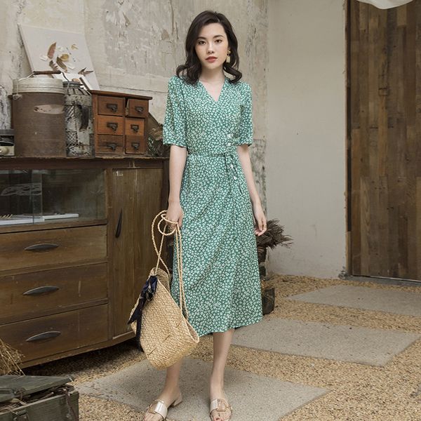 

dress xshm summer french petal floral wrap skirt v-neck lace up slim medium length women, White;black