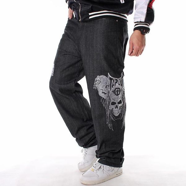 

men's jeans hip hop trendy embroidery skull straight loose casual skateboard pants large, Blue