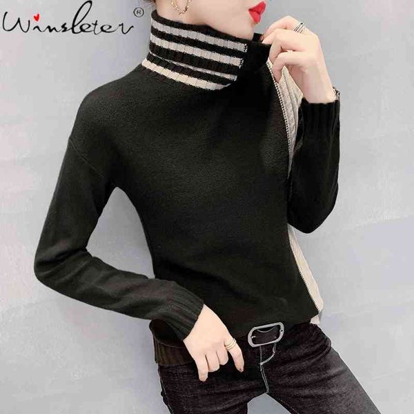 

women's sweaters fall winter european clothes knitted turtleneck sweater girls fashion patchwork women thick pullover bottoming sh, White;black
