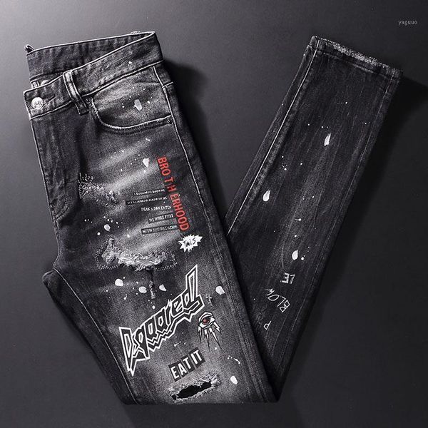 

men's jeans street fashion men retro black gray elastic slim fit ripped patch printed designer hip hop splashed denim pants, Blue