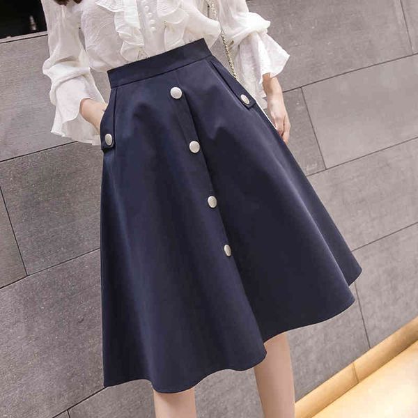 

Skirts skirts Women's Autumn Midi with Pockets Spring Fashion Temperament Single-breasted Buttons A-line Full Knee Skirt Navy Ap BHLO, Black
