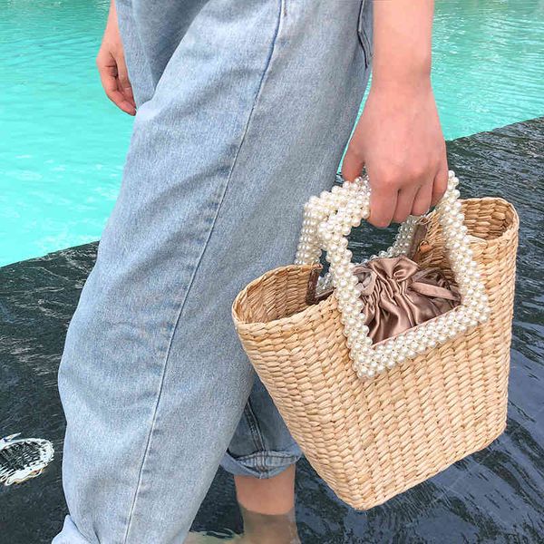 

fashion pearls rattan women handbags luxury chains wicker woven shoulder crossbody bags lady summer beach bali straw bag