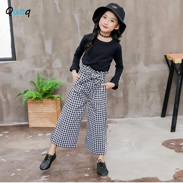 

clothing sets qunq girls set black shirts plaid high waist pant kids suits for girl 2021 spring fall fashion children costume, White