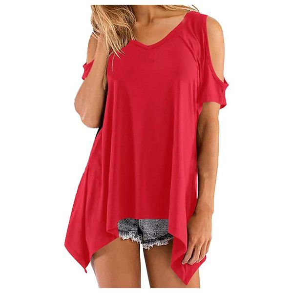 

women's t-shirt womens short sleeve v neck solid t-shirts cold shoulder tunic asymmetrical loose naisten t-paita #py, White
