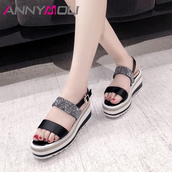 

summer shoes women sandals buckle platform wedge high heel rhinestone open toe lady 2021 pink size 34-39, Black