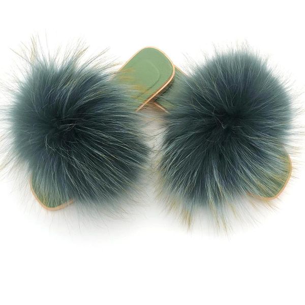 

slippers plush flat heel jelly raccoon fluffy female home flip flops luxury fur slides women's summer sandals, Black