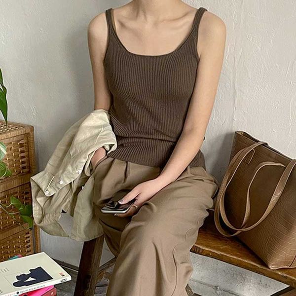 

spring summer solid knitted camis casual korean fashion vintage retro elegant all-match soft o-neck tanks 13a287 210525, White