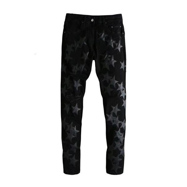 

fog am fashion brand covered with stars, five pointed patched leather, holes, washing water, old jeans, men's high street, Blue