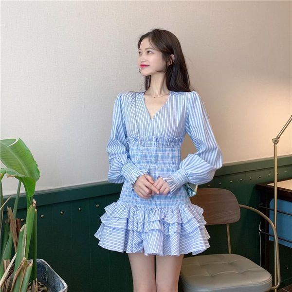 

casual dresses striped ruffles dress wome long sleeve loose spring autumn women's clothing korean sweet style v-neck chiffon, Black;gray