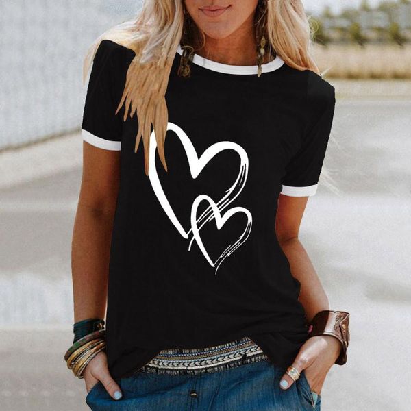 

heart print t shirt women short sleeve o-neck femme t-shirts ladies camisas de mujer plus size tshirt bluzka damska women's t-shirt, White