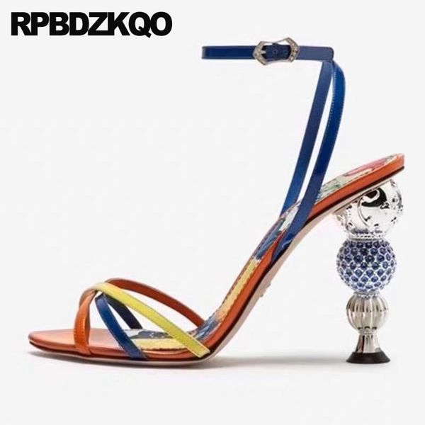 

shoes ankle strap rhinestone pumps genuine leather women crystal sandals open toe heels stiletto orange big size plus diamond, Black