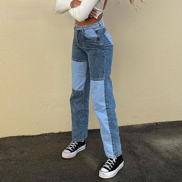 

women's jeans patchwork straight women's baggy vintage high waist boyfriends mom y2k denim distressed streetwear 2021 female iamty, Blue