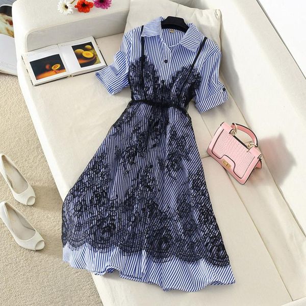 

two piece dress 2 set women 2021 summer short sleeve striped long shirt and spaghetti strap lace sets, White