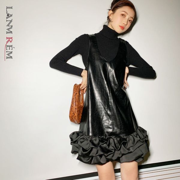 

spring streetwear v-neck pullover pu-leather patchwork black color spaghetti strap dress for women 2a3169 210507, Black;gray
