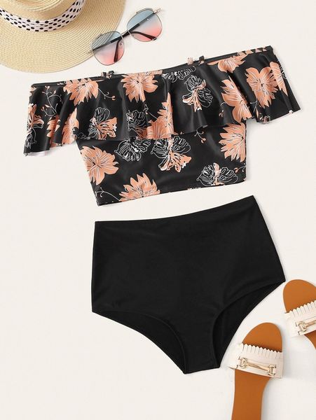 

tropical flounce high waisted bikini swimsuit b7xf#, White;black