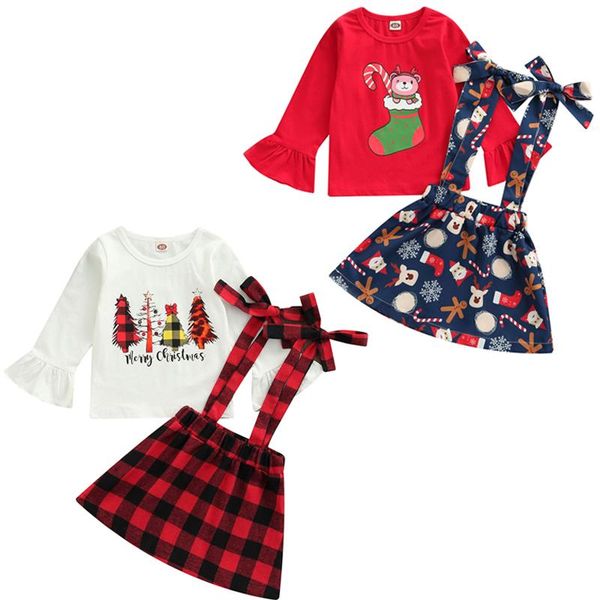 

clothing sets focusnorm 1-6y christmas baby girls 2pcs clothes santa tree printed ruffles sleeve t shirts plaid/cartoon dress, White