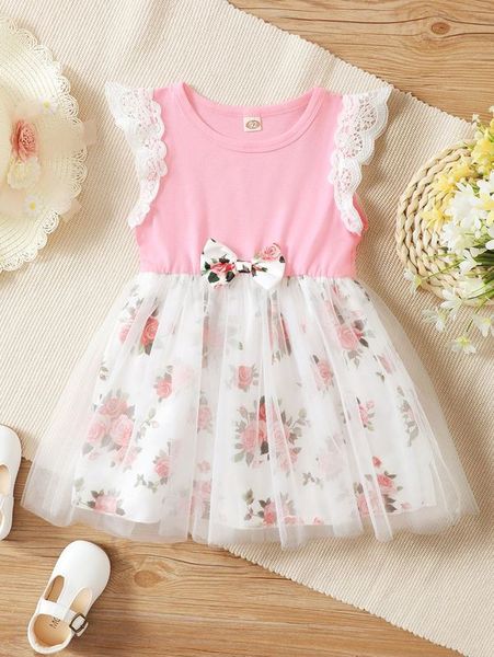 

baby floral print mesh overlay bow dress she, Red;yellow