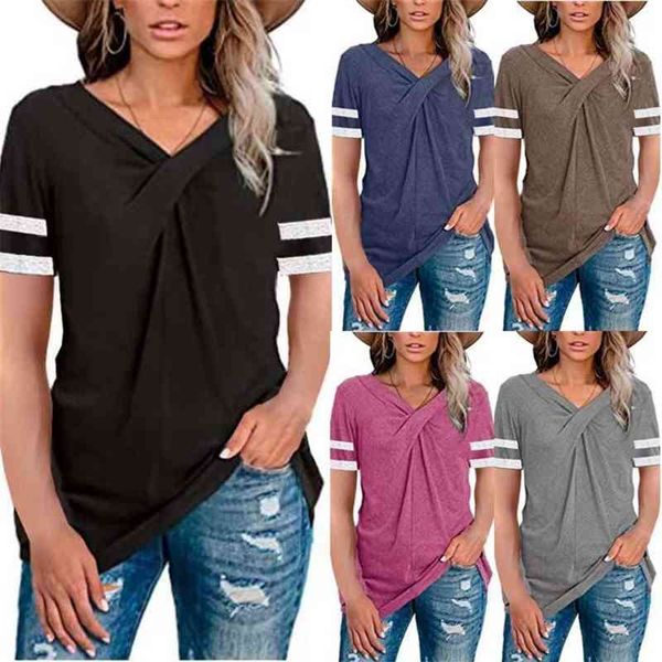 

women's t-shirt 2021 net red v-neck kink solid short sleeve color matching fwjw, White