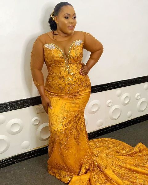 

2022 plus size arabic aso ebi gold luxurious mermaid prom dresses sheer neck crystals evening formal party second reception birthday gowns d, Black