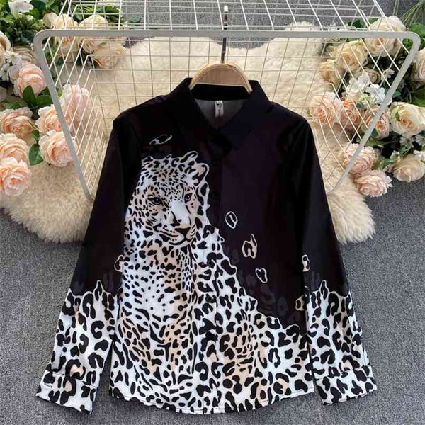 

women's blouse spring summer long sleeve leopard print shirt lapel collar single breasted casual 210603, White