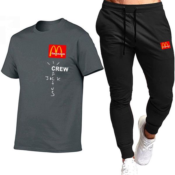 

men's tracksuits sportswear sets cotton quick drying gyms fitness running suit fashion short sleeve t shirts + jogging trousers 2pcs, Gray