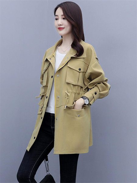 

women's trench coats khaki coat women 2021 fashion autumn clothing with big pockets lace up slim waist ladies windbreaker outwear k1083, Tan;black