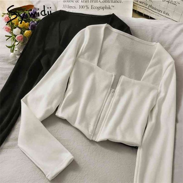 

casual woman t shirts summer zipper korean white black long sleeve square collar fashion harajuku short shirt 210607
