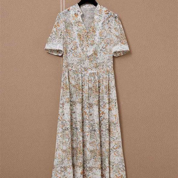 

truevoker european runway fashion cottagecor robe lady short sleeve v-neck khaki floral print midi long holiday dress 210602, Black;gray