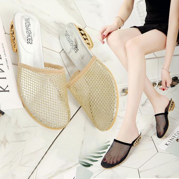 

fashion summer the sandals mesh (air mesh) baotou cutout non-slip breathable gauze outside shallow square heel med (3cm-5cm) slippers, Black