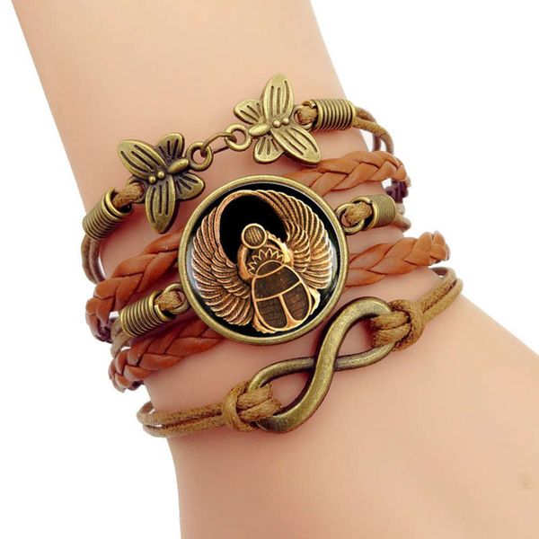 

hand catenary egyptian scarab time bracelet multi layer hand woven glass combination, Black