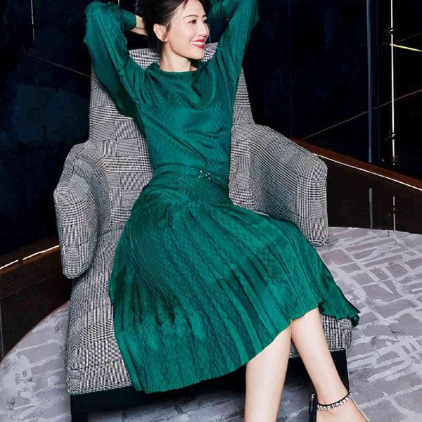 

spring retro style printing flower sleeve thin fitting temperament plissado mid-length dress women's quality clothing, Black;gray