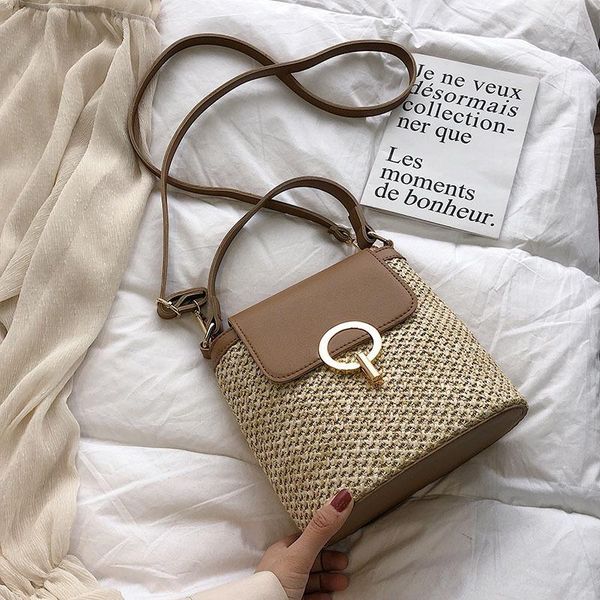 

casual chains straw bucket bags women summer messenger bag rattan beach lady travel purses and handbags shoulder cross body