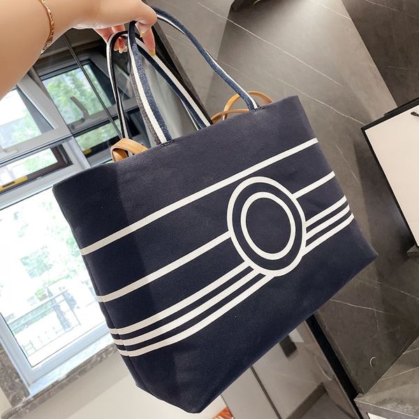 

navy thick canvas bag large capacity striped pattern women's totes beach handbag nice fashion design shopping bags