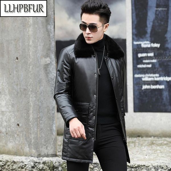 

the brand's first layer of cowhide leather men long winter, fashionable down warm jacket, collar detachable1, Black