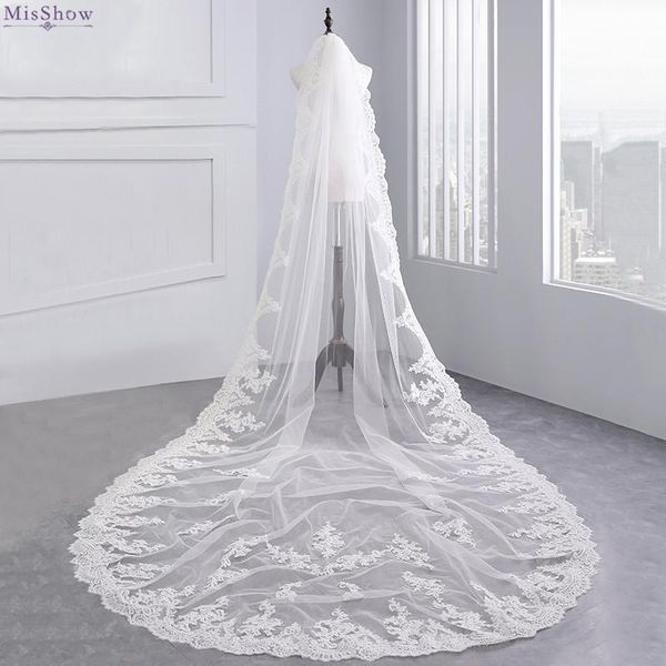 

bridal veils misshow 2021 white ivory one layer 3.5 meters long wedding veil appliqued lace edge accessories, Black