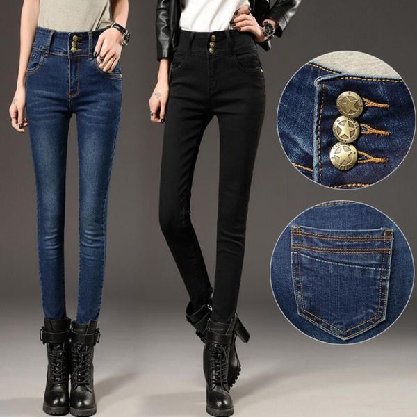

women's jeans elastic high waist women black pencil pants fashion casual plus size denim trousers winter warm velvet, Blue
