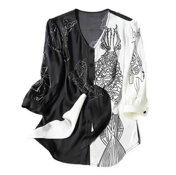 

women's blouses & shirts european and american women's wear for spring v-neck with three-quarter sleeve contrast color printing fa, White