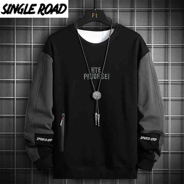

single road crewneck sweatshirt men embroidery patchwork oversized japanese streetwear hip hop black hoodie sweatshirts 210813