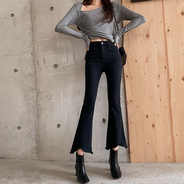 

women's jeans 2021 autumn female denim trousers fashion temperament high waist flare pants button women vintage black blue
