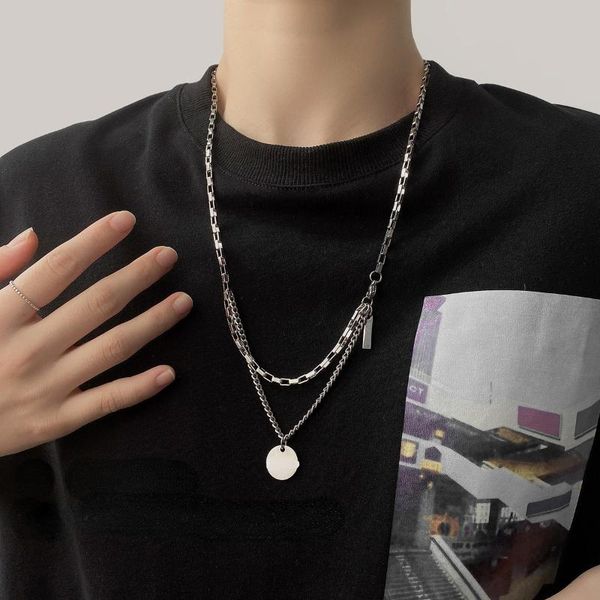 

chains fashion jewelry round disc pendant necklace 2021 design silvery plating two layers chain for women gifts, Silver