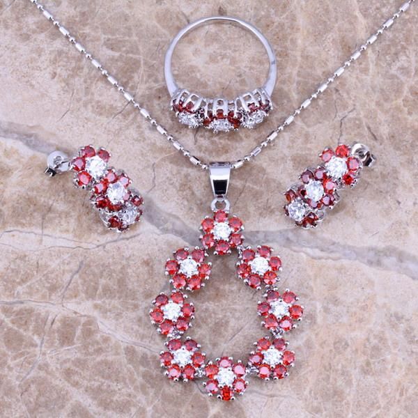 

earrings & necklace red garnet white cz silver plated jewelry sets pendant ring size 6 / 7 8 9 10 s0148