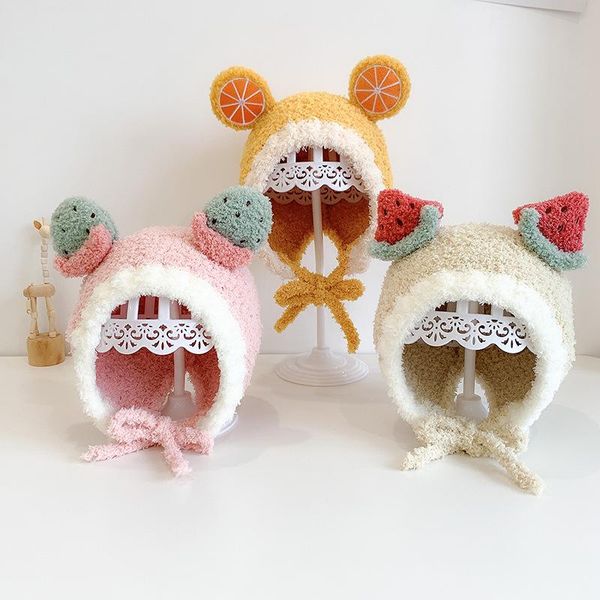 

caps & hats cute fruit baby hat with ears winter warm plush boy girl beanies ear protection kids children bonnet, Yellow