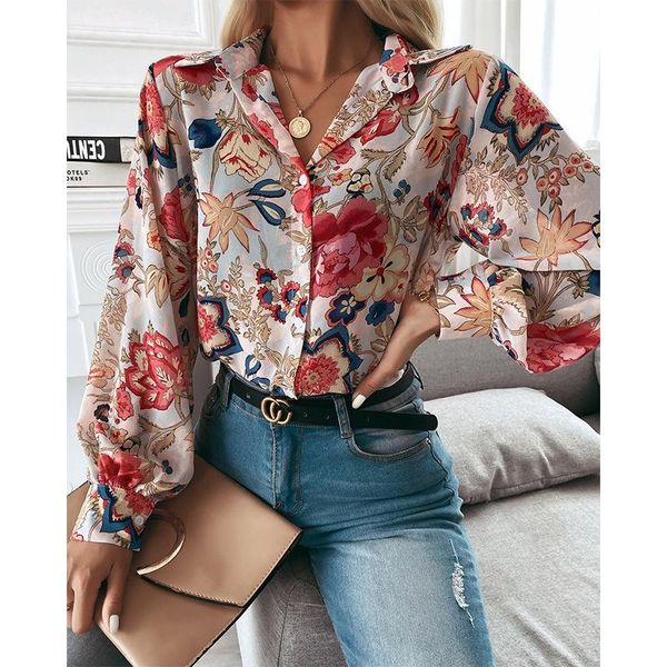 

women's blouses & shirts women floral print fashion blouse female long sleeve turn down collar casual loose office lady blusas mujer ca, White