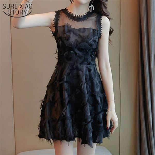 

fashion ladies feather tassel embroidered lace vest dress temperament girl party casual beach 13718 210508, Black;gray