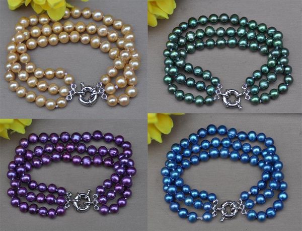 

beaded, strands z11501 3row 8" 8mm yellow purple green blue round freshwater pearl bracelet, Black
