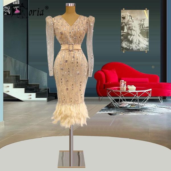 

party dresses luxury dubai feathers champagne short cocktail gowns long sleeves lace tea length prom sukienki koktajlowe, White;black