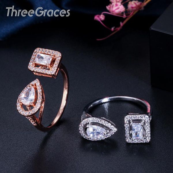 

cluster rings threegraces fashion water drop and square cubic zirconia rose gold color adjustable open cuff ring for women rg00, Golden;silver